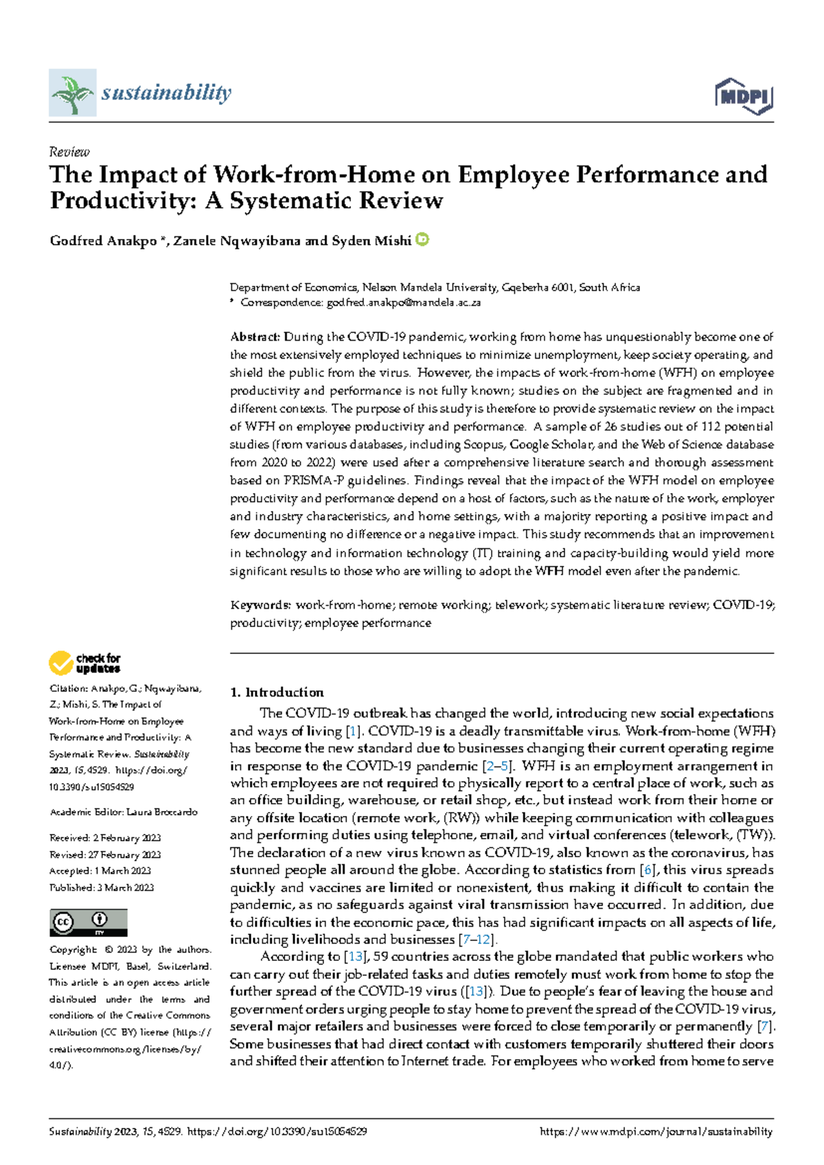 Sustainability 2023: Systematic Review on WFH Impact on Employee ...