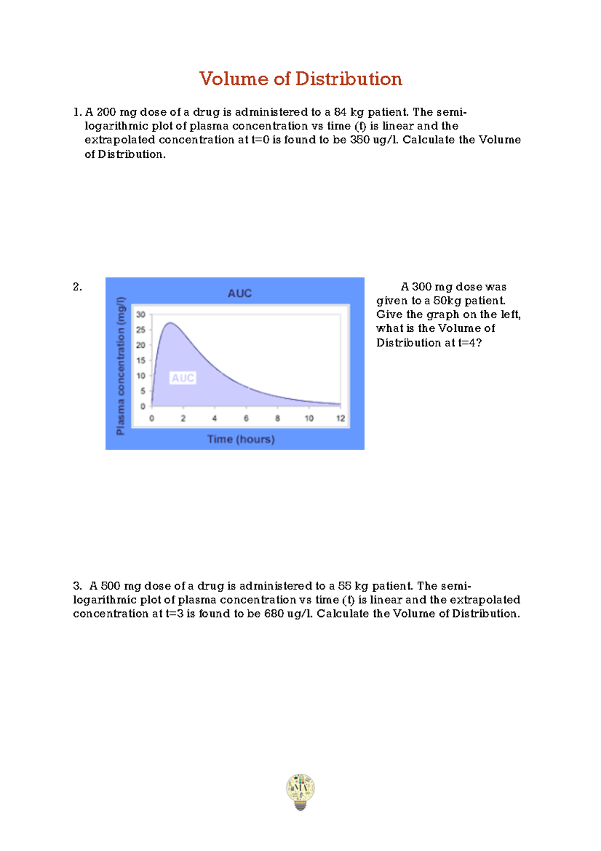PHARM 101: Volume of Distribution Questions and Calculations - Studocu