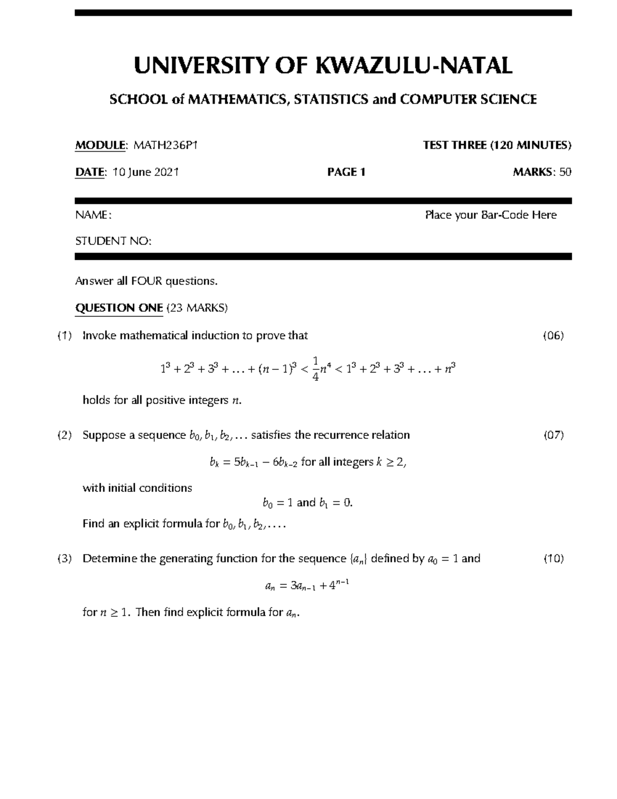 MATH236P1 Test Three: Induction, Graphs, and Algorithms (2021) - Studocu