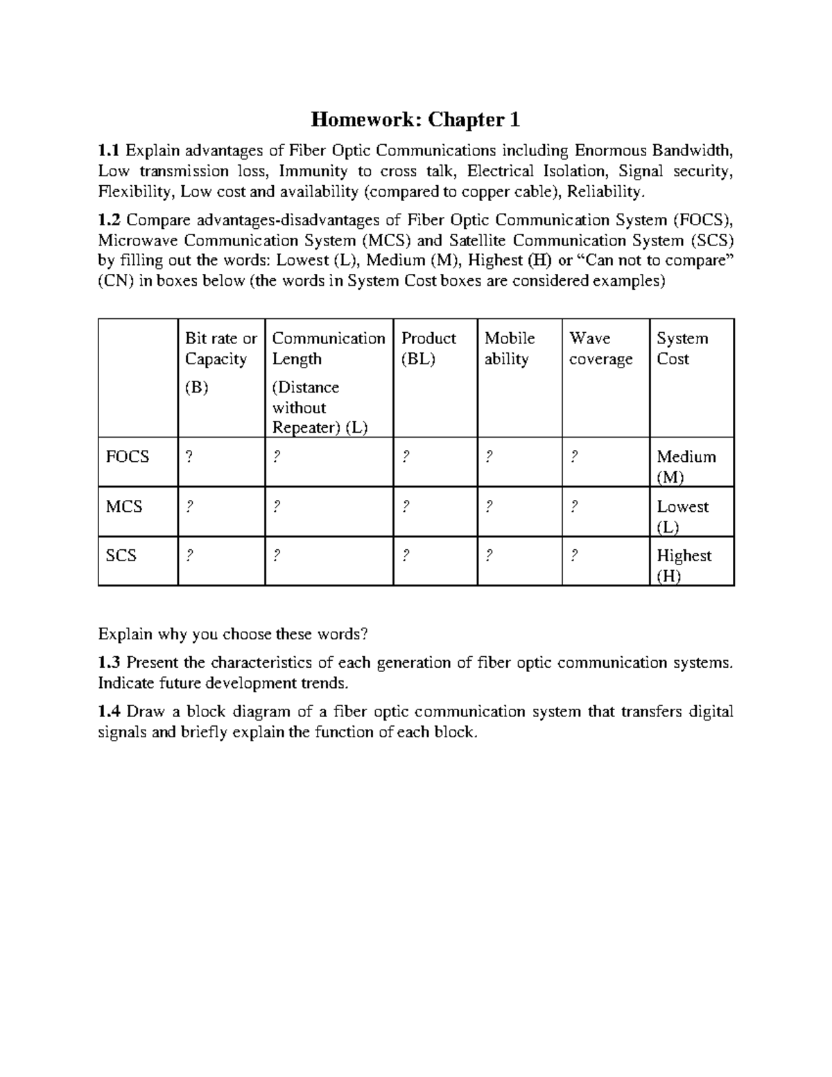 Homework: Chapter 1 - Fiber Optic Communications Analysis (2-2-25 ...