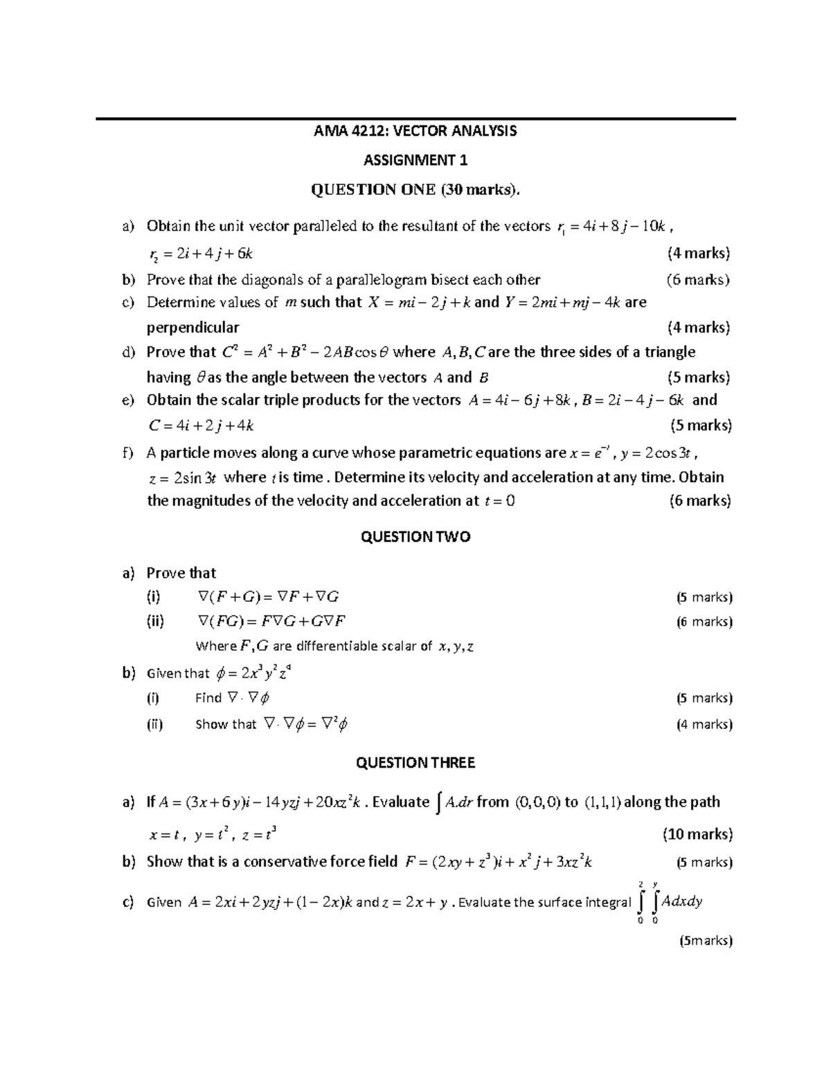 AMA 4212: Vector Analysis Assignment 1 - Detailed Solutions and Proofs ...