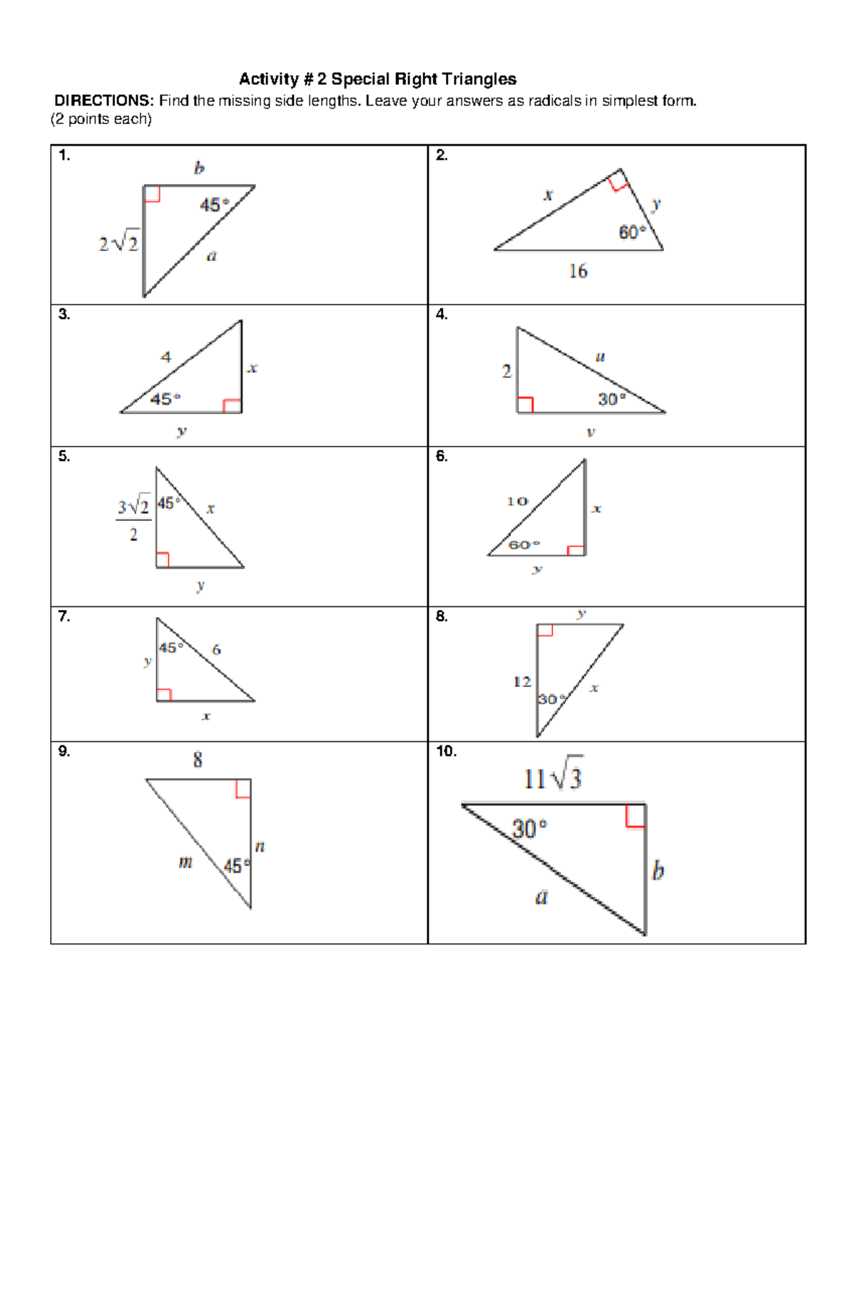 Activity 2 - Special Right Triangles - Bachelor in Mathematics and ...