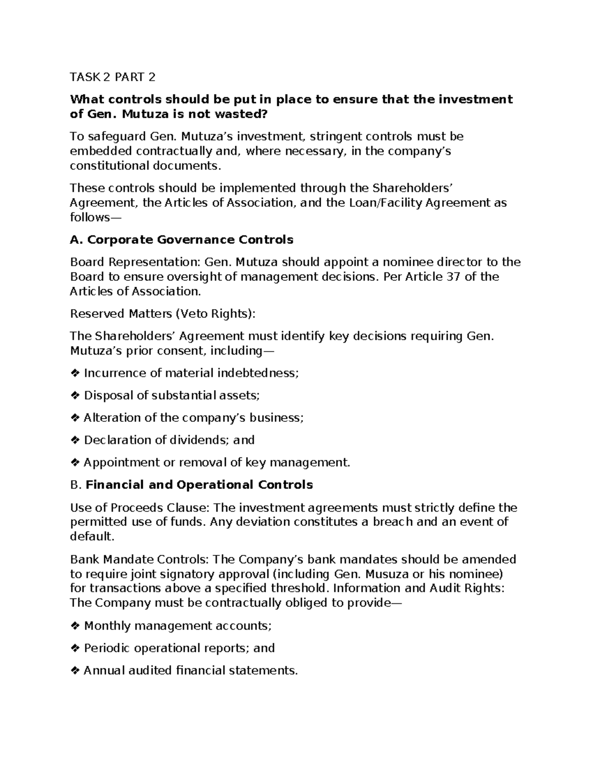TASK 2 PART 2 - Investment Control Measures for Gen. Mutuza - Studocu