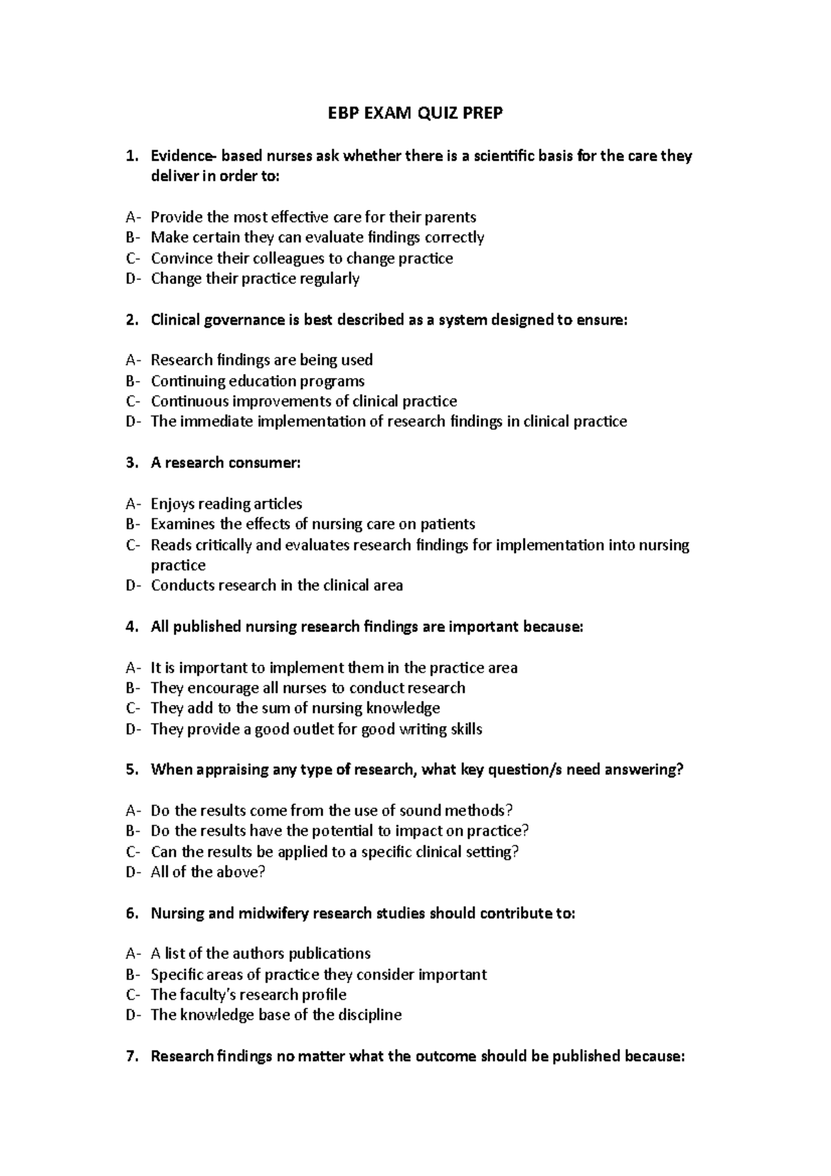 EBP 2018 Exam Quiz Prep: Questions and Answers for Nursing Practice ...