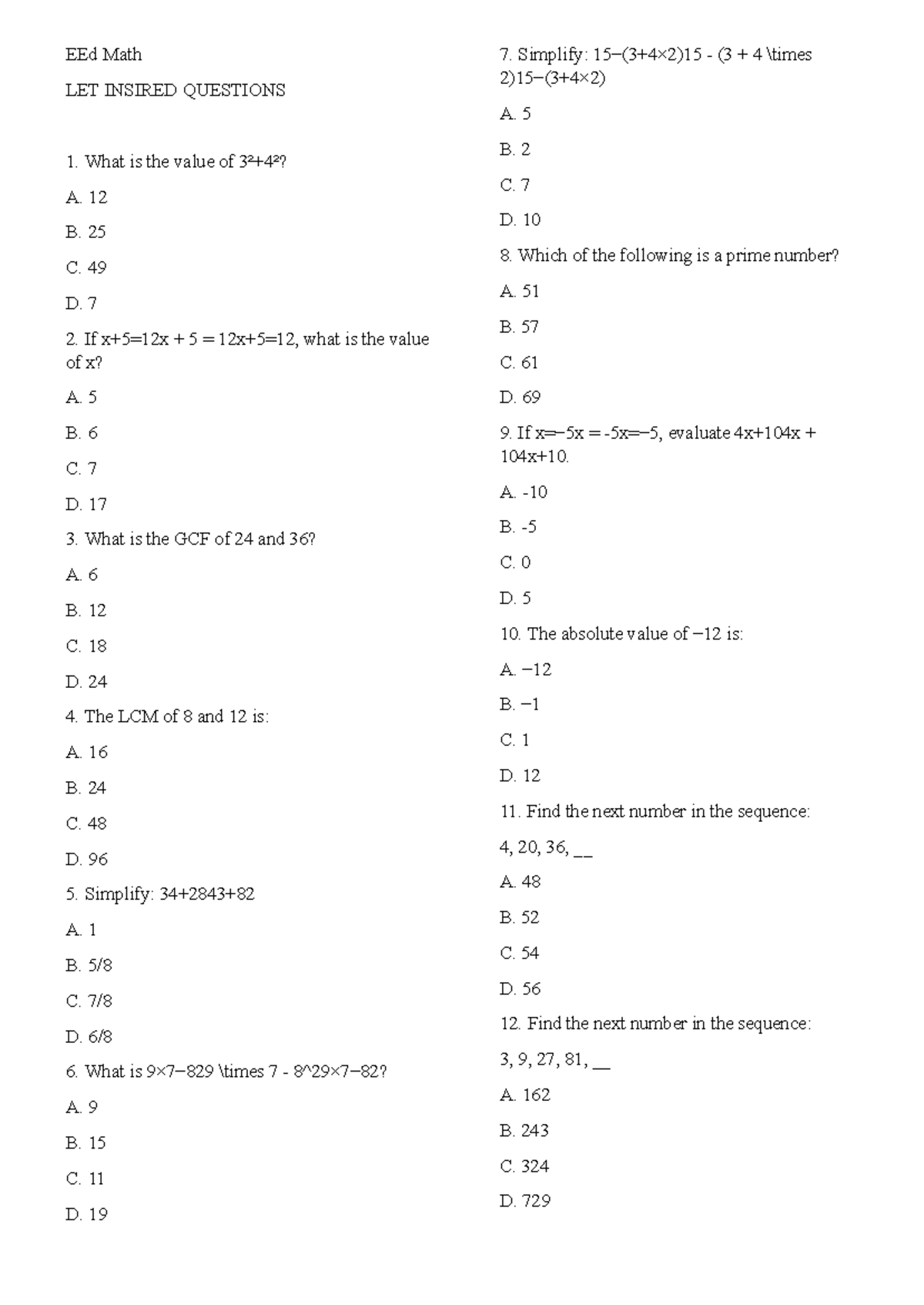 EEd Math LET Inspired Questions and Practice Problems - Studocu