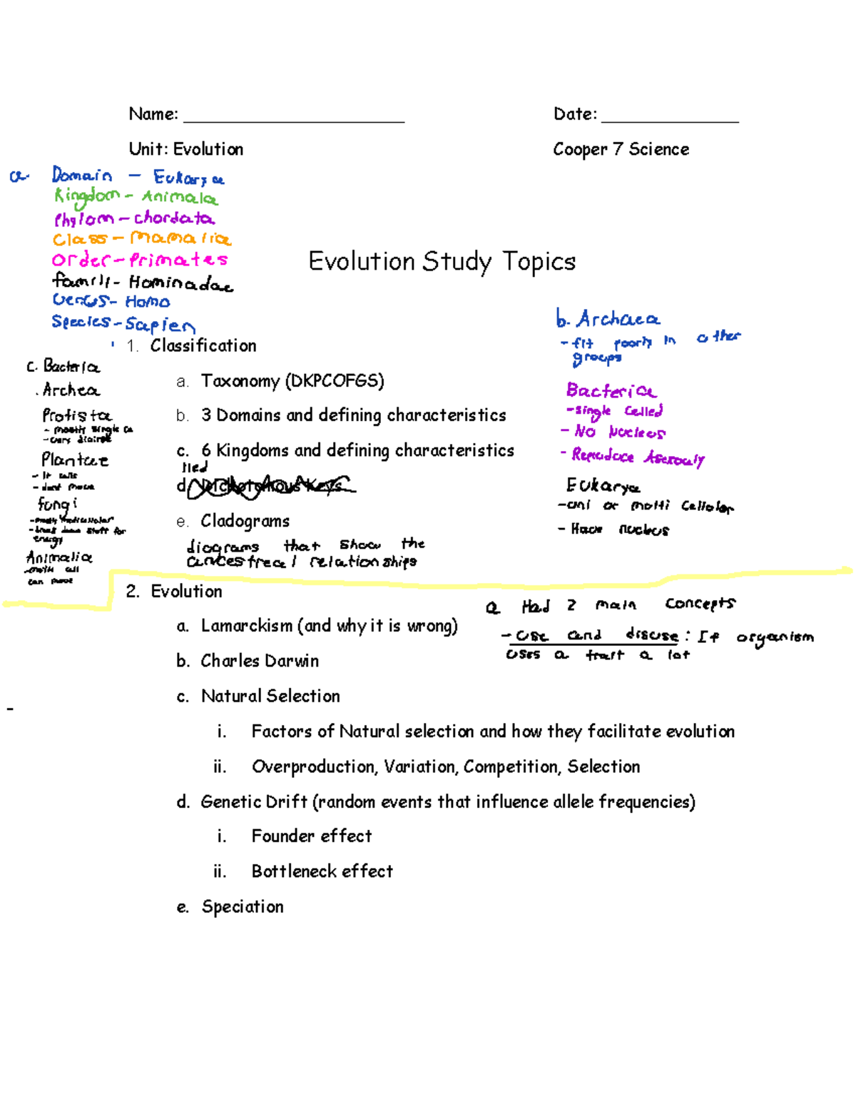 Evolution Unit Study Topics: Key Concepts and Evidence - Studocu