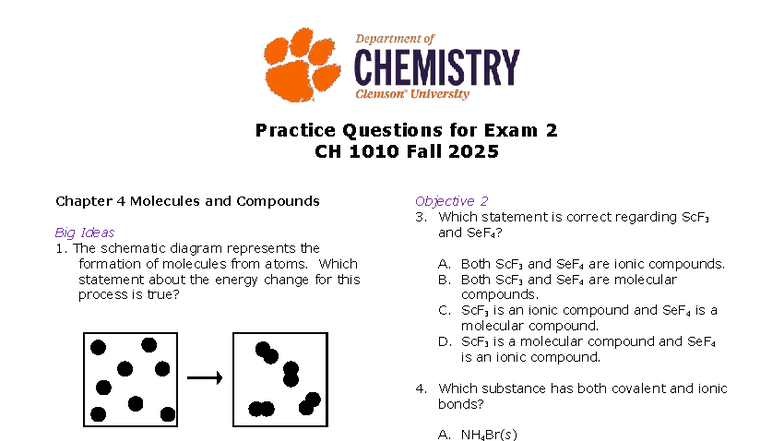 CH 1010 Practice Questions for Exam 2: Molecules & Compounds Insights ...
