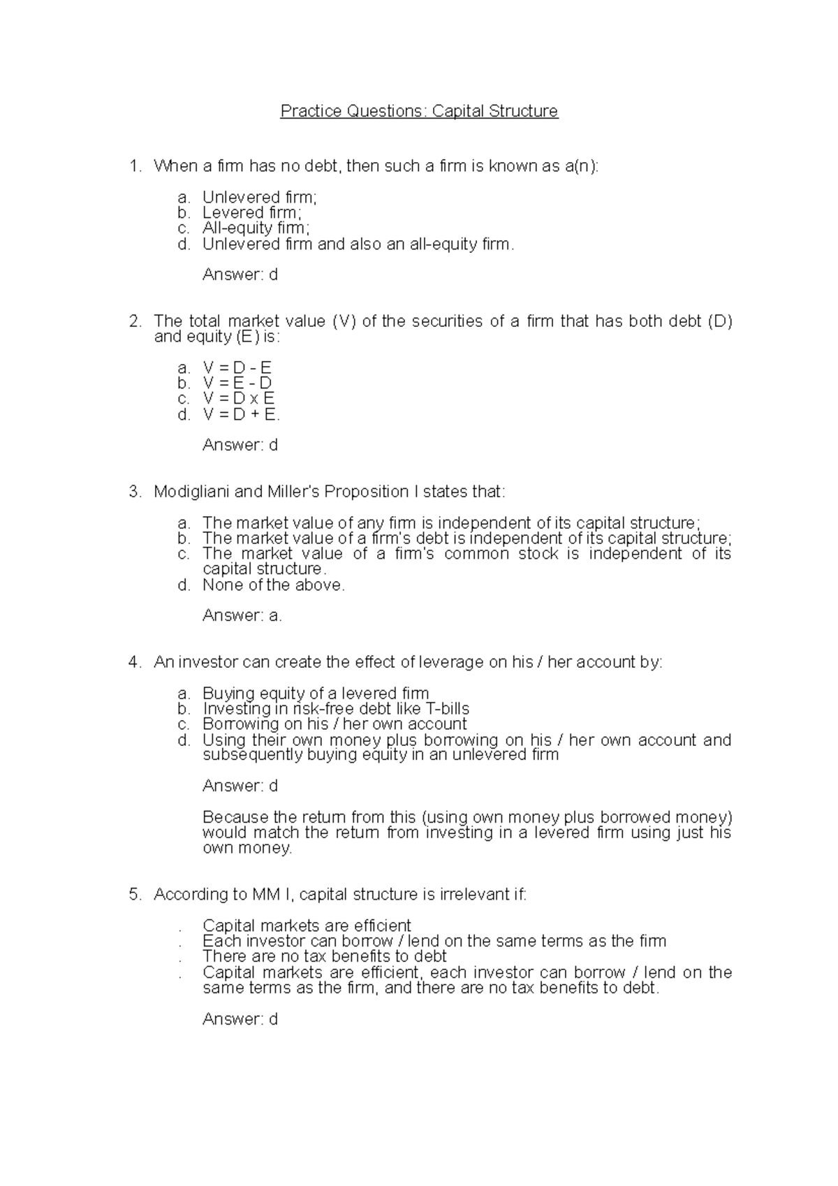 Practice Questions Set 4: Capital Structure with Answers - Studocu