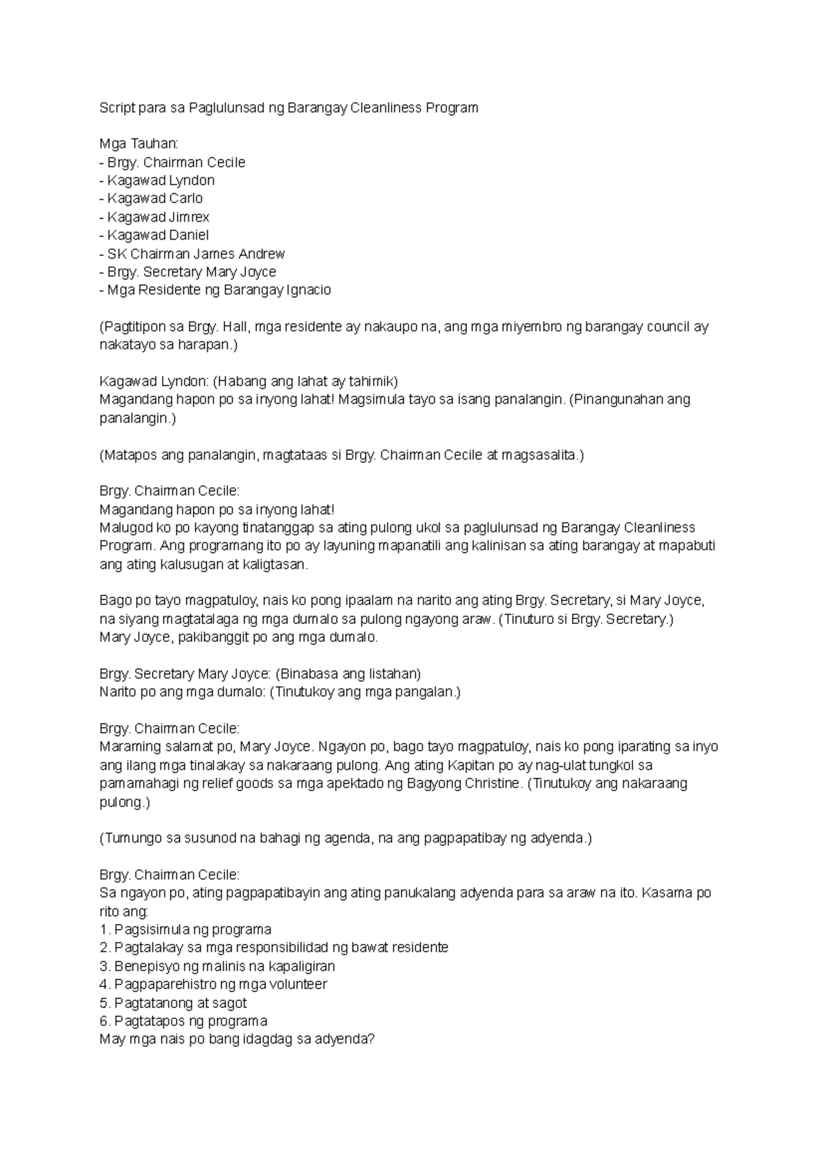 Barangay Cleanliness Program Launch Script: A Community Initiative ...