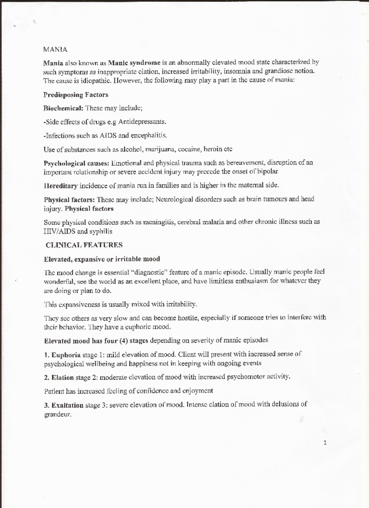 Mania - Introduction to Psychology - Studocu