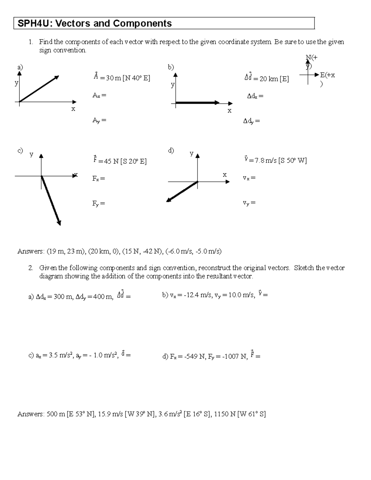 SPH4U: Practice on Vectors and Components Analysis - Studocu
