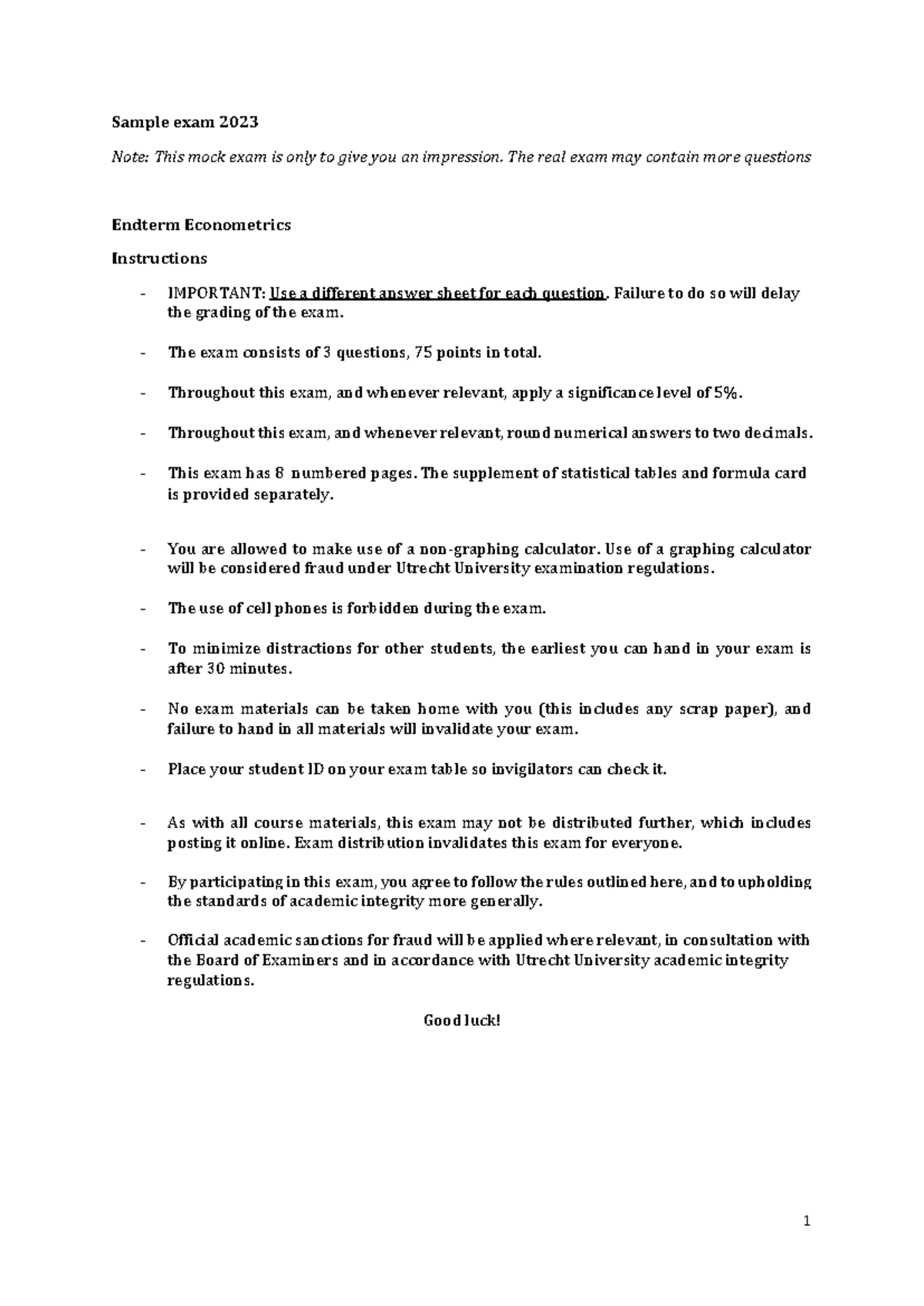 Endterm Exam Sample: Econometrics 2023 Insights and Guidelines ...