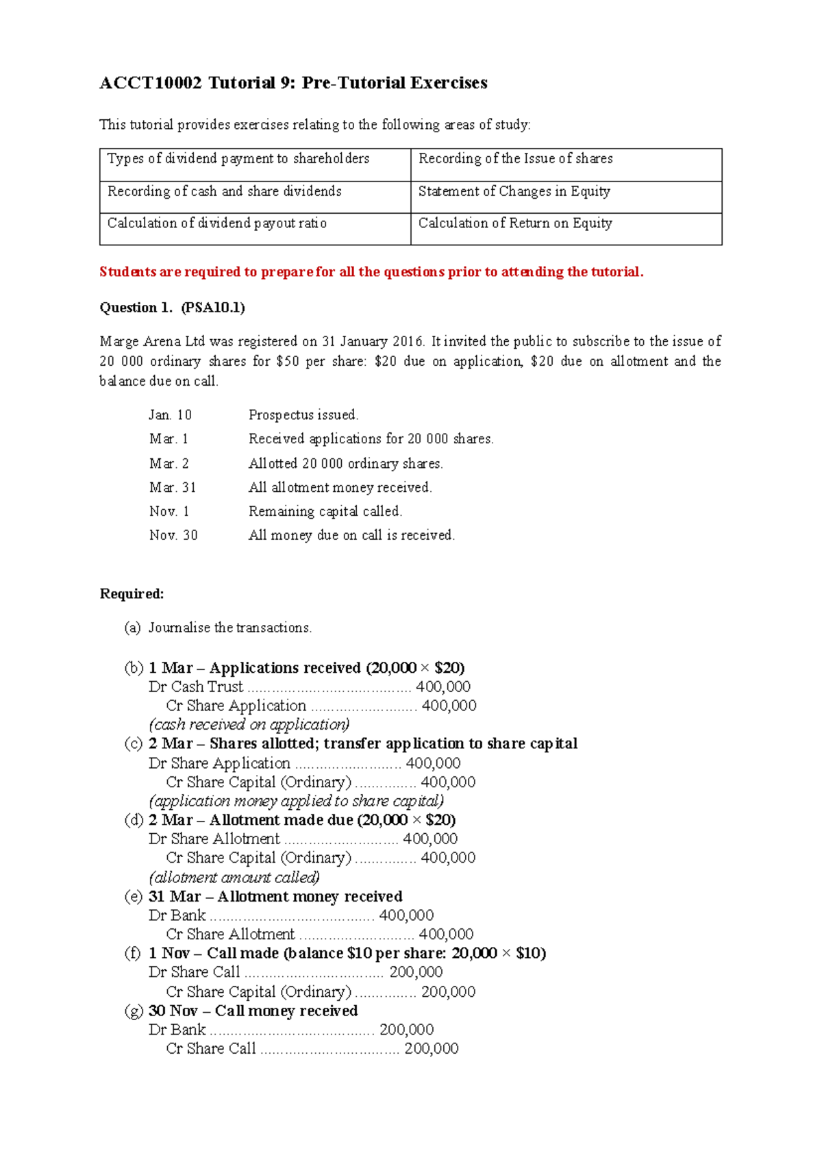 ACCT10002 Tutorial 9: Pre-Tutorial Exercises on Equity and Dividends ...