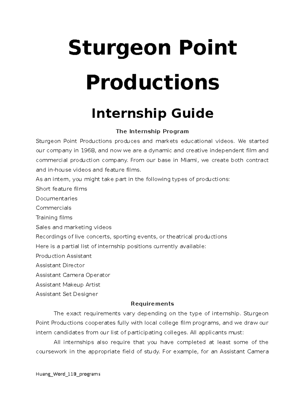 Word 11B Programs - Sturgeon Point Productions Internship Guide The ...