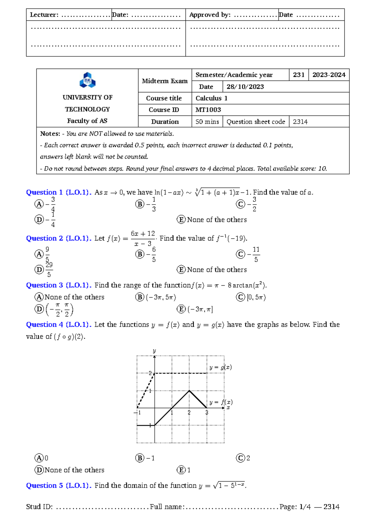 Midterm Exam MT1003 - Calculus 1 Question Sheet and Solutions - Studocu