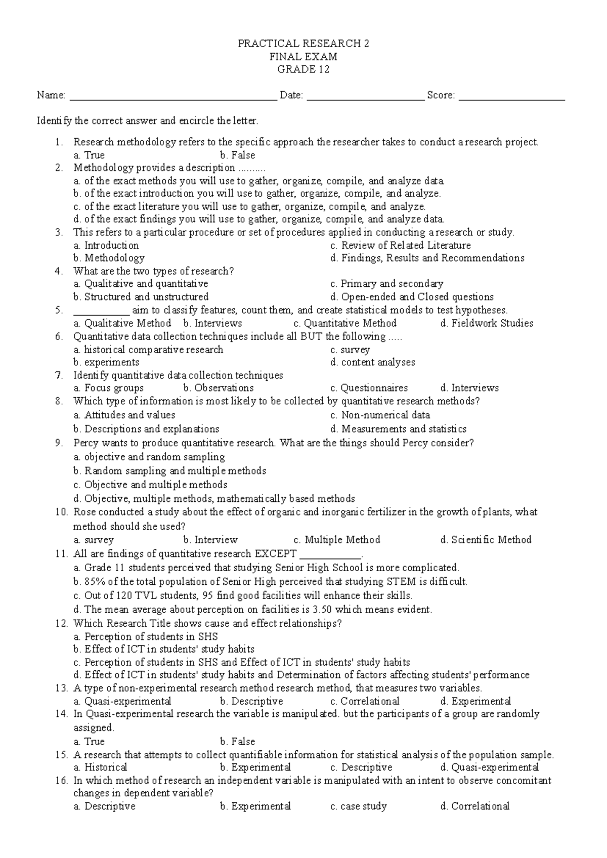 PR 2 FINAL EXAM - GRADE 12 SUMMATIVE TEST QUESTIONS - Studocu
