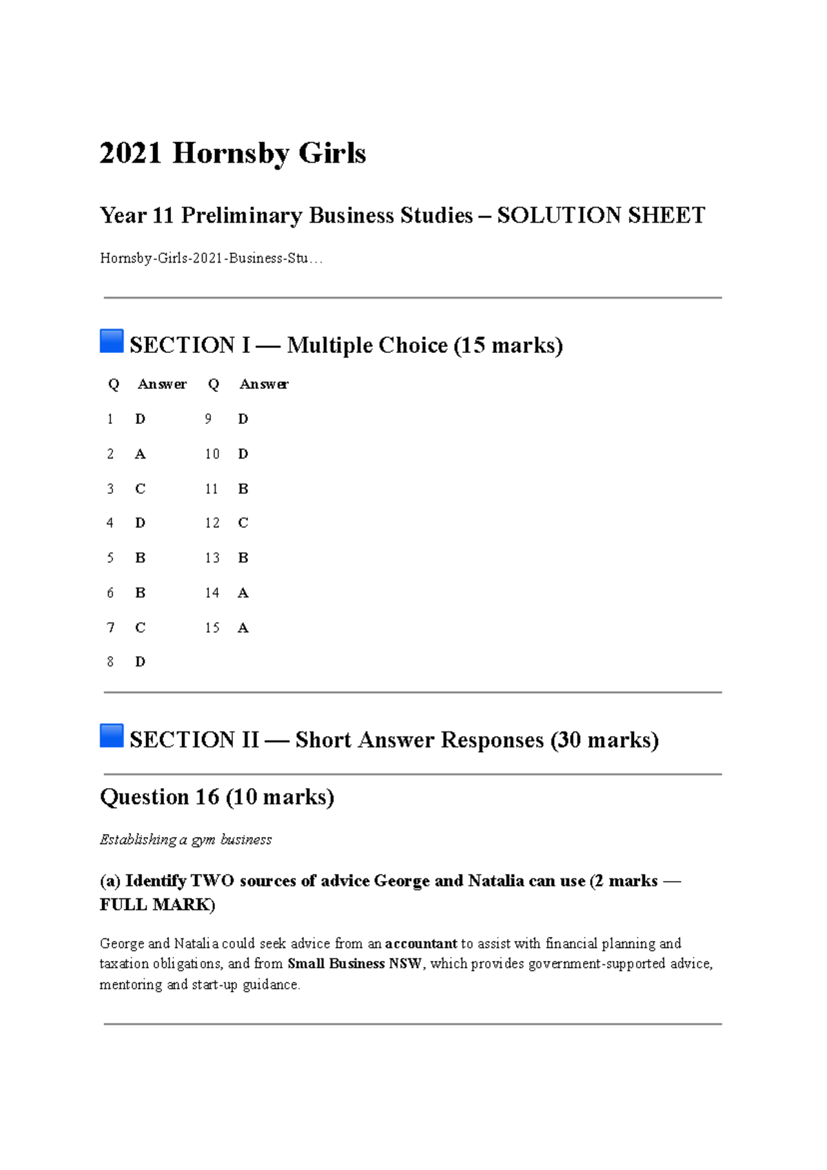 2021 Hornsby Girls Year 11 Preliminary Business Studies – Solutions ...