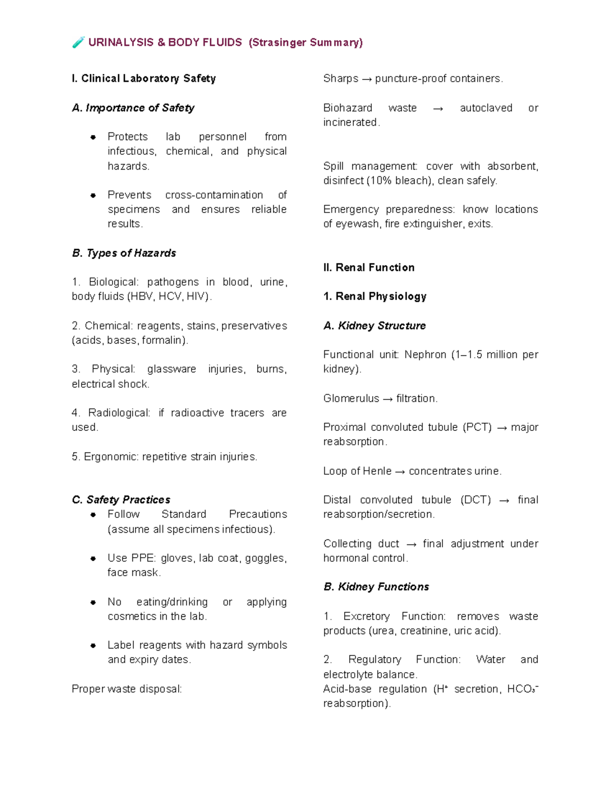 URINALYSIS & BODY FLUIDS (Strasinger Summary) - Clinical Lab Safety ...