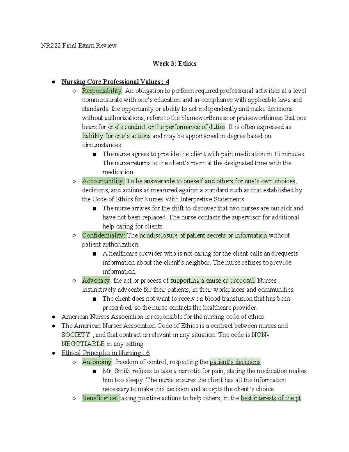 NR222 Final Exam Study Guide: Key Ethical Concepts in Nursing - Studocu