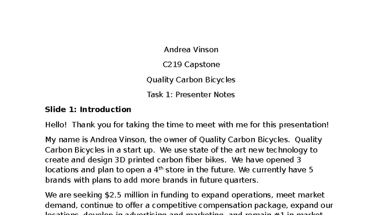 C219 Capstone: Task 1 Presenter Notes on Quality Carbon Bicycles - Studocu