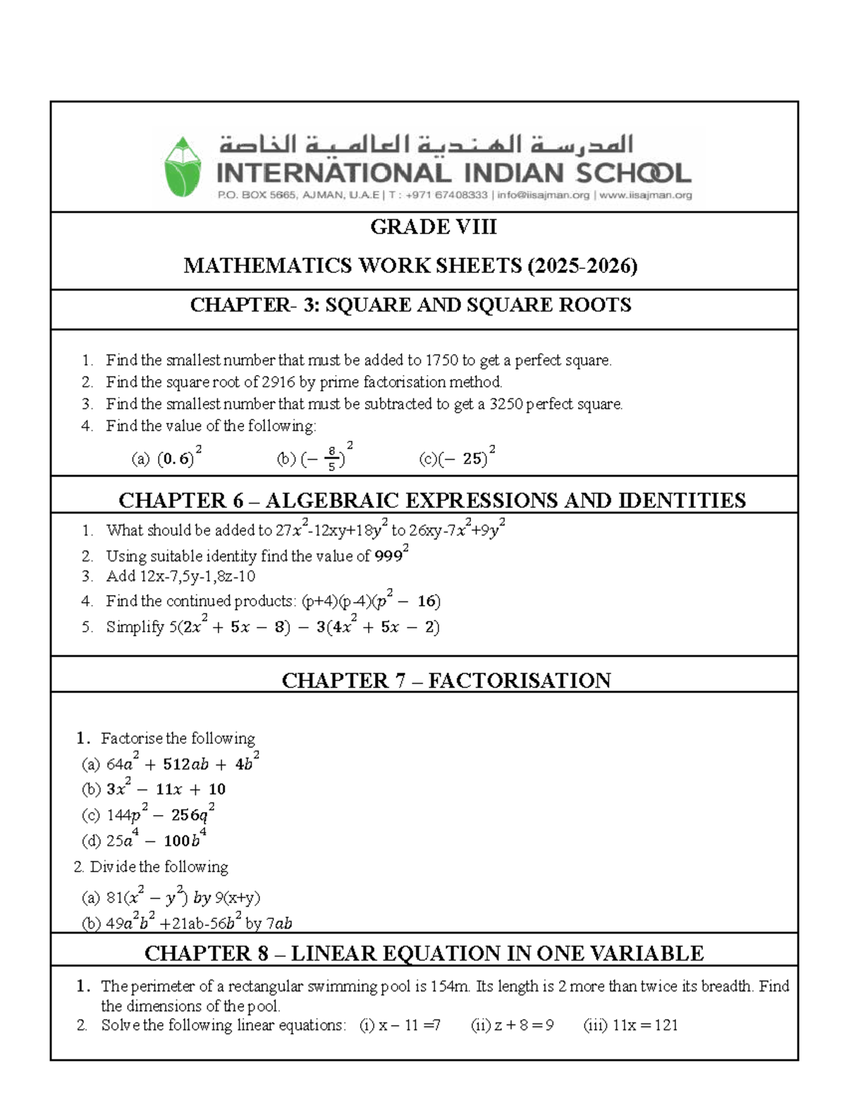 Mathematics Worksheet 3: Square Roots & Algebraic Expressions - Studocu