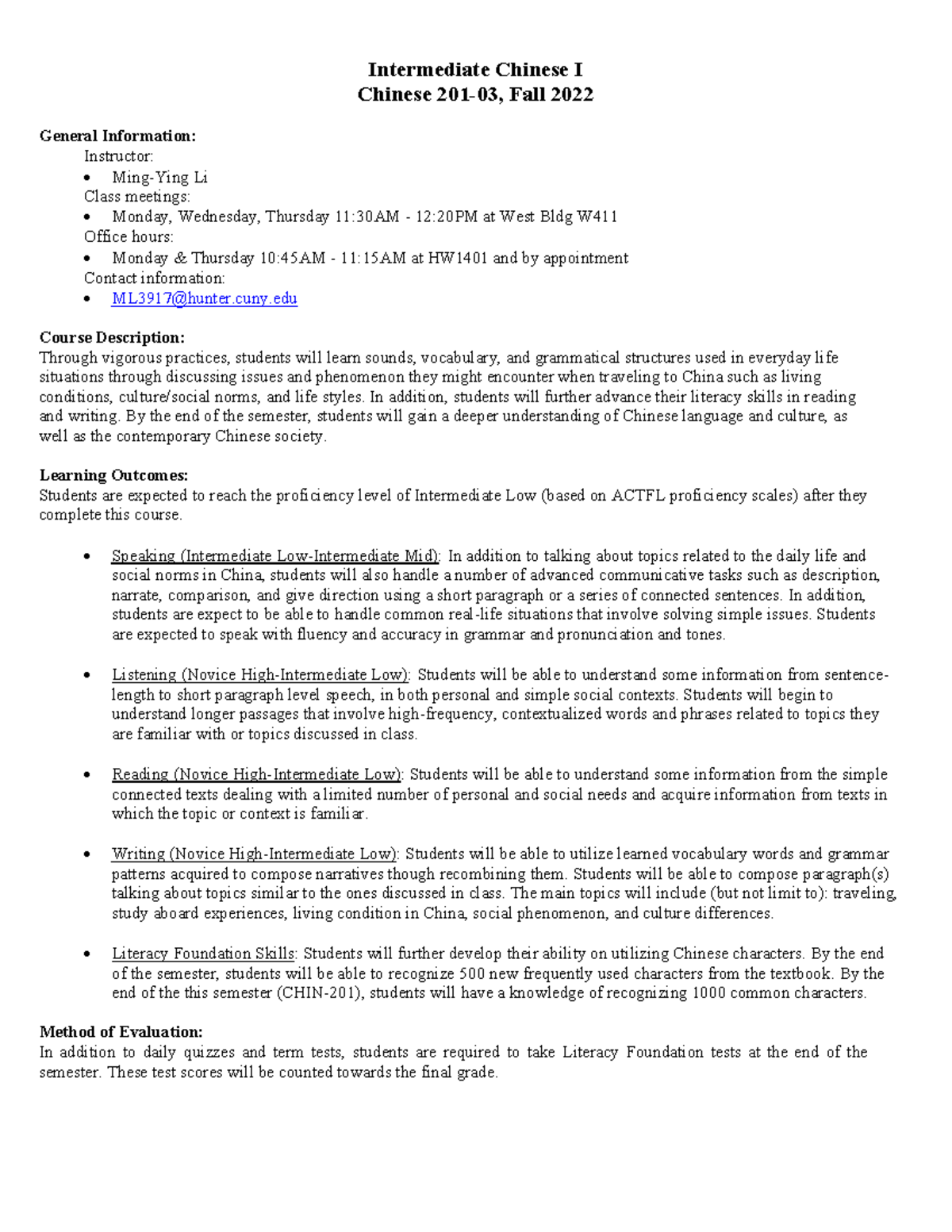 CHIN 201-03 Syllabus: Intermediate Chinese I, Fall 2022 - Studocu