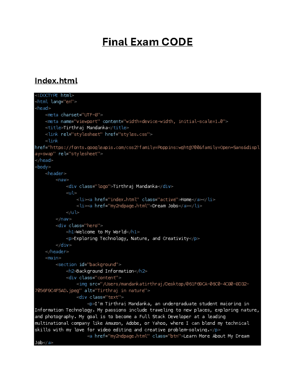 Final Exam Webpage Code for IT Course by Tirthraj Mandanka - Studocu
