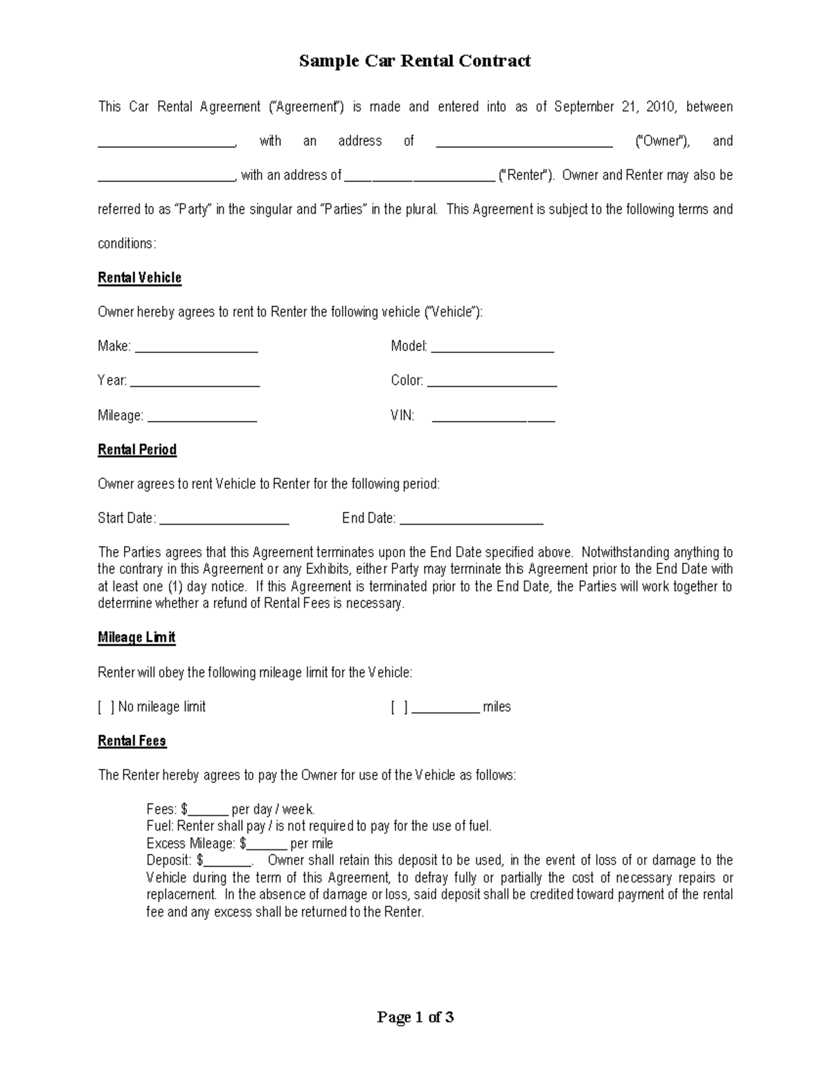 Sample Car Rental Aggreement PDF Format 1 1 - Sample Car Rental ...