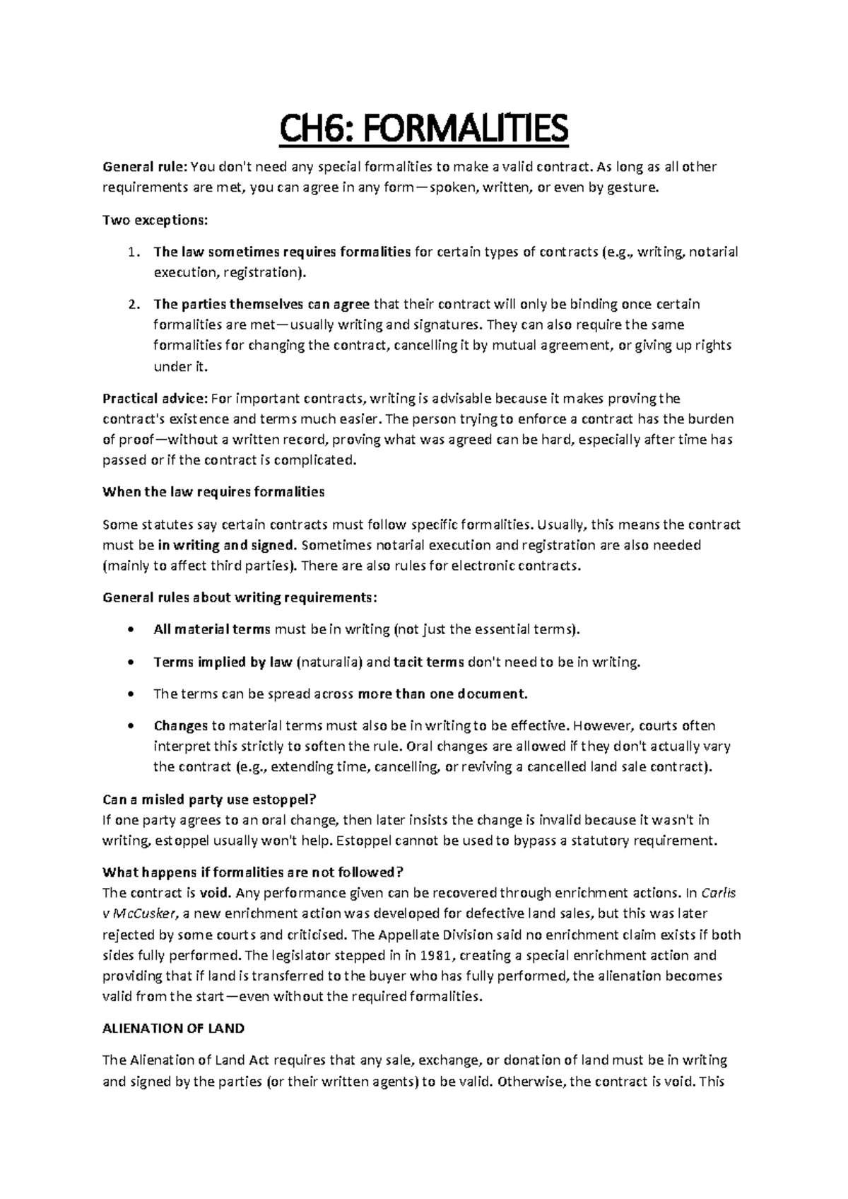 CH6: Formalities in Contract Law - Essential Requirements and ...