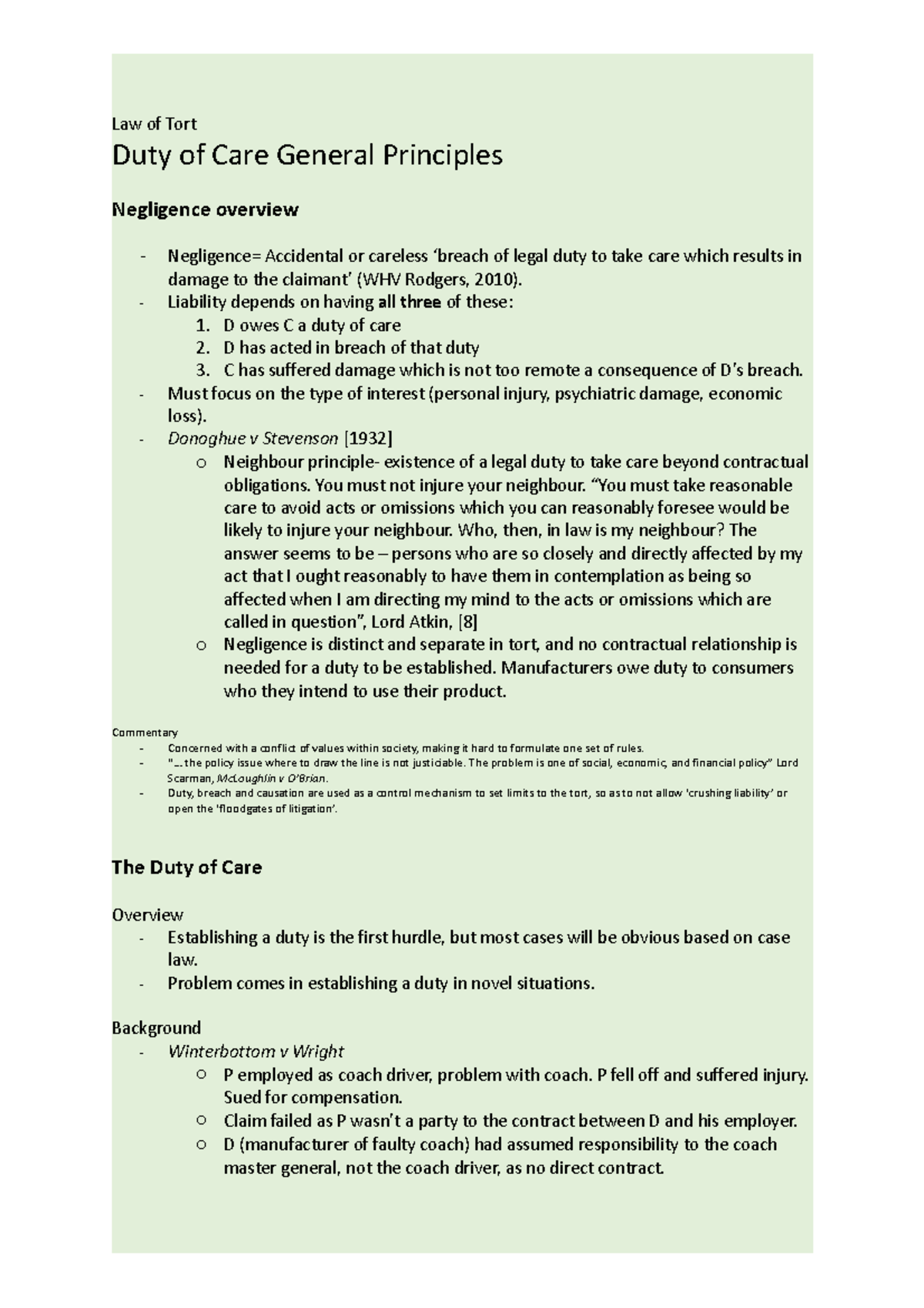 Duty of Care in Tort Law: General Principles and Key Cases - Studocu