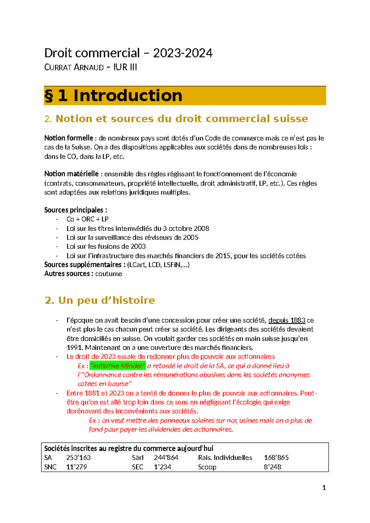Droit Commercial IUR 1: Notions et Sources du Droit Commercial Suisse ...