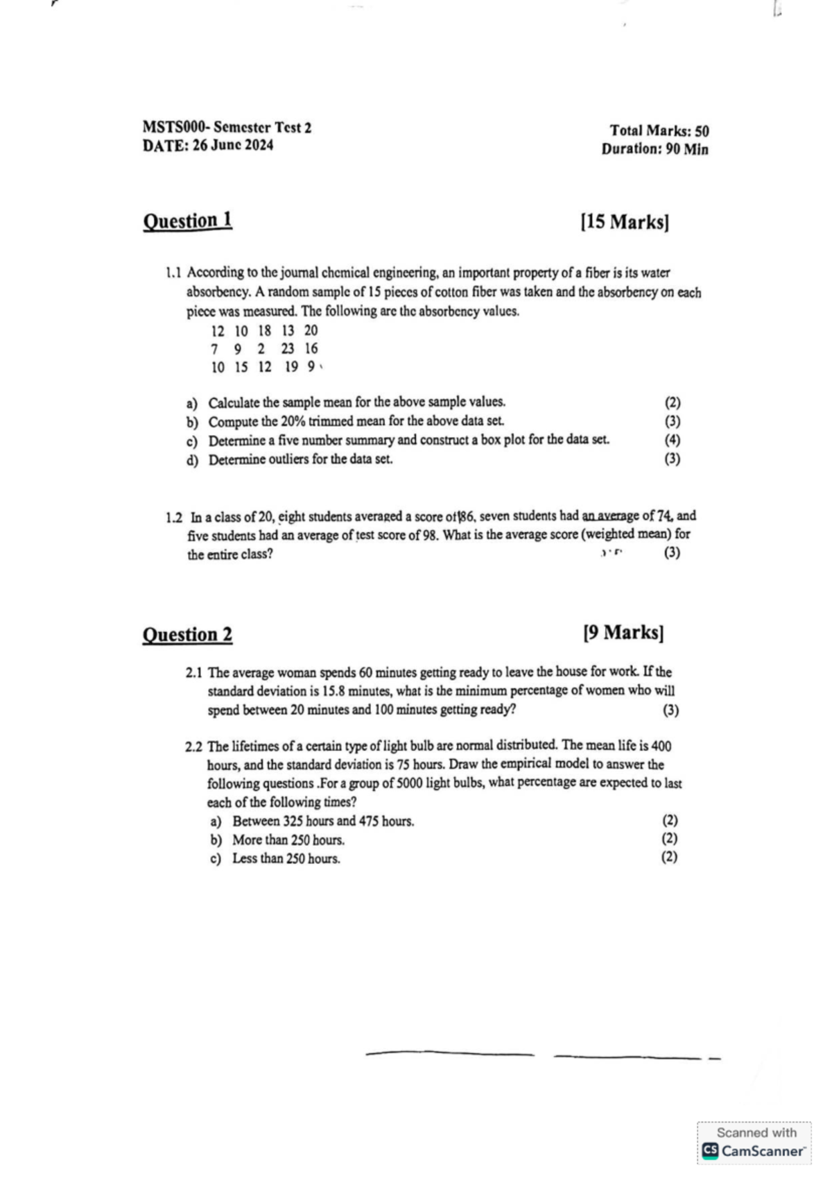 MSTS000 Semester Test 2: Statistics & Probability Analysis - Studocu