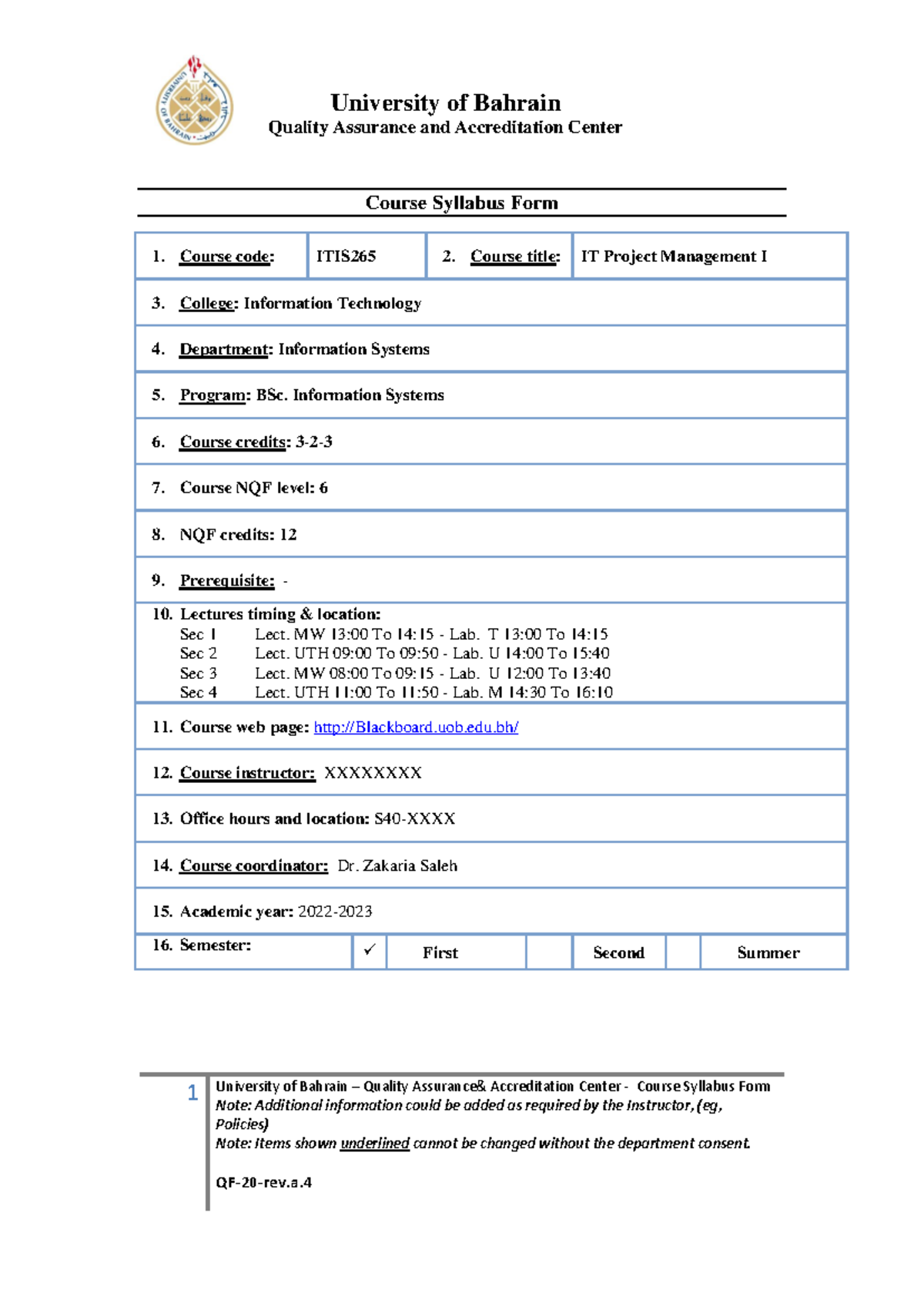 ITIS265 QAAC Course Syllabus - University of Bahrain Quality Assurance ...