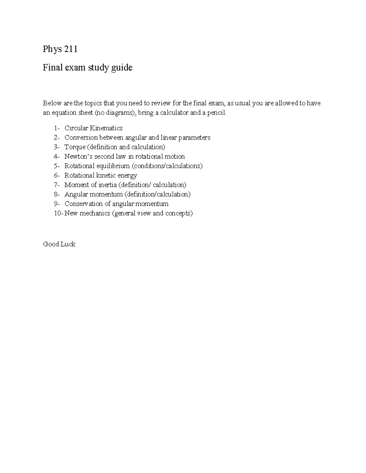 Final exam study guide (2)(1)(1) (2)(1) - Phys 211 Final exam study ...