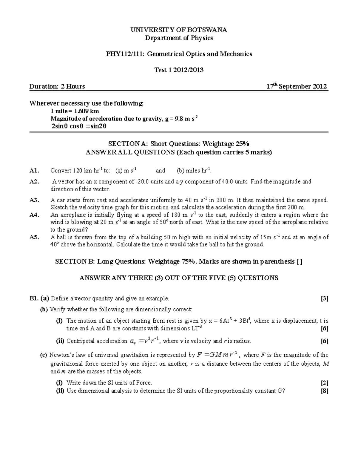 112T1 - Answer - UNIVERSITY OF BOTSWANA Department of Physics PHY112 ...