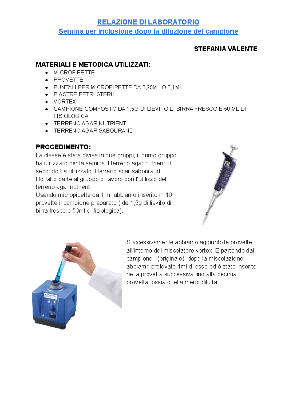 Relazione Laboratorio: Semina per Inclusione e Diluizione Campione ...