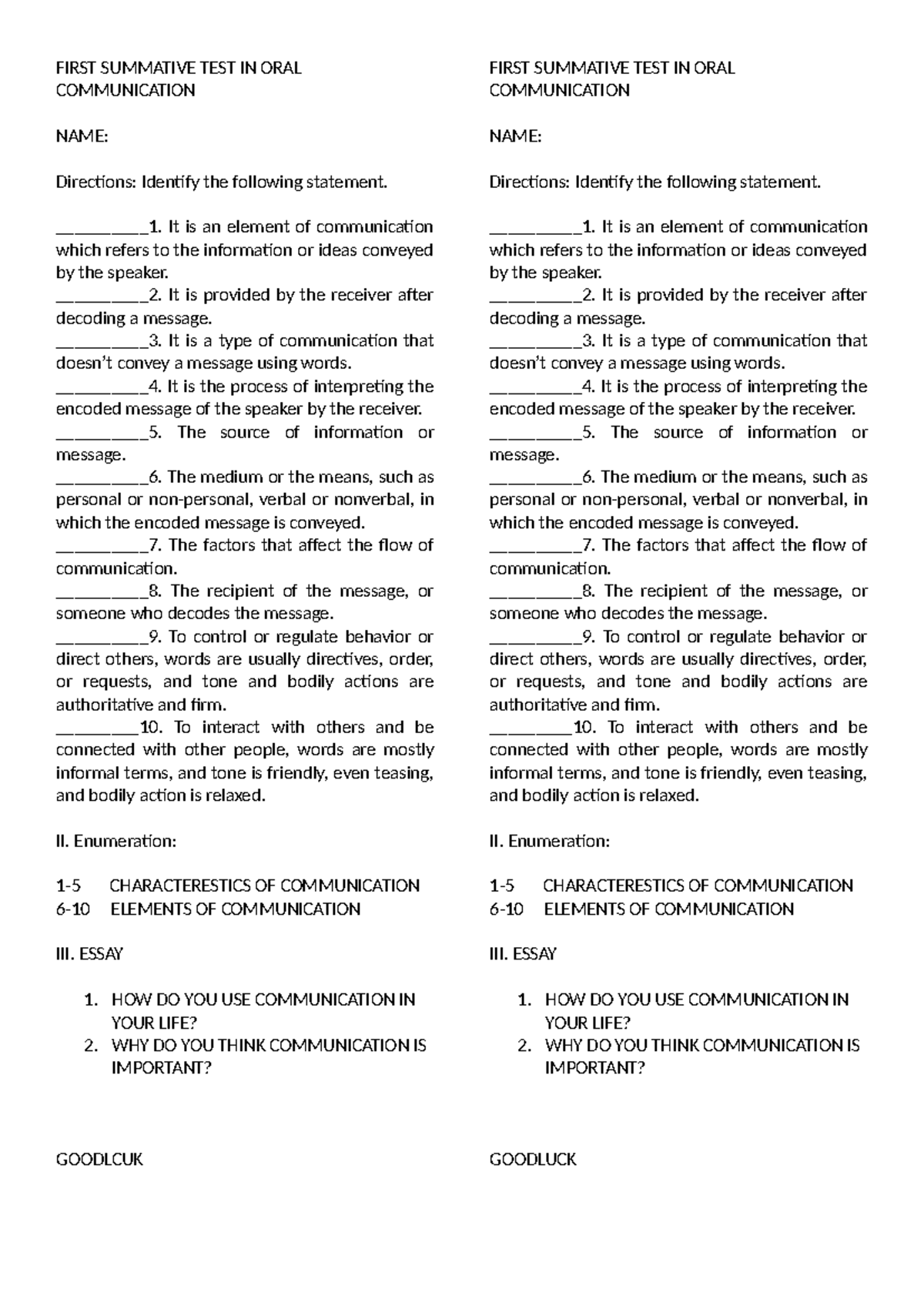 First Summative Test in ORAL Communication – Key Concepts & Questions ...