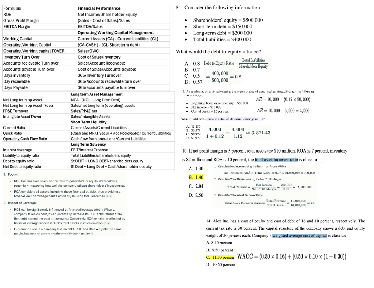 Financial Performance Formulas Cheat Sheet for Course Code 8 - Studocu