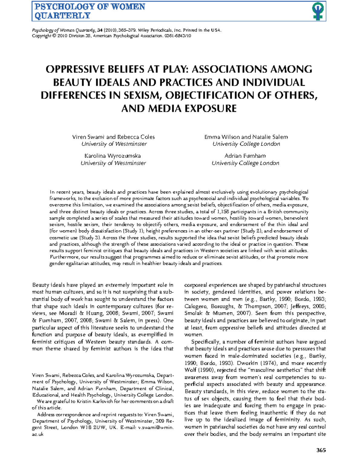 Beauty Ideals and Practices: Links to Sexism and Objectification in ...