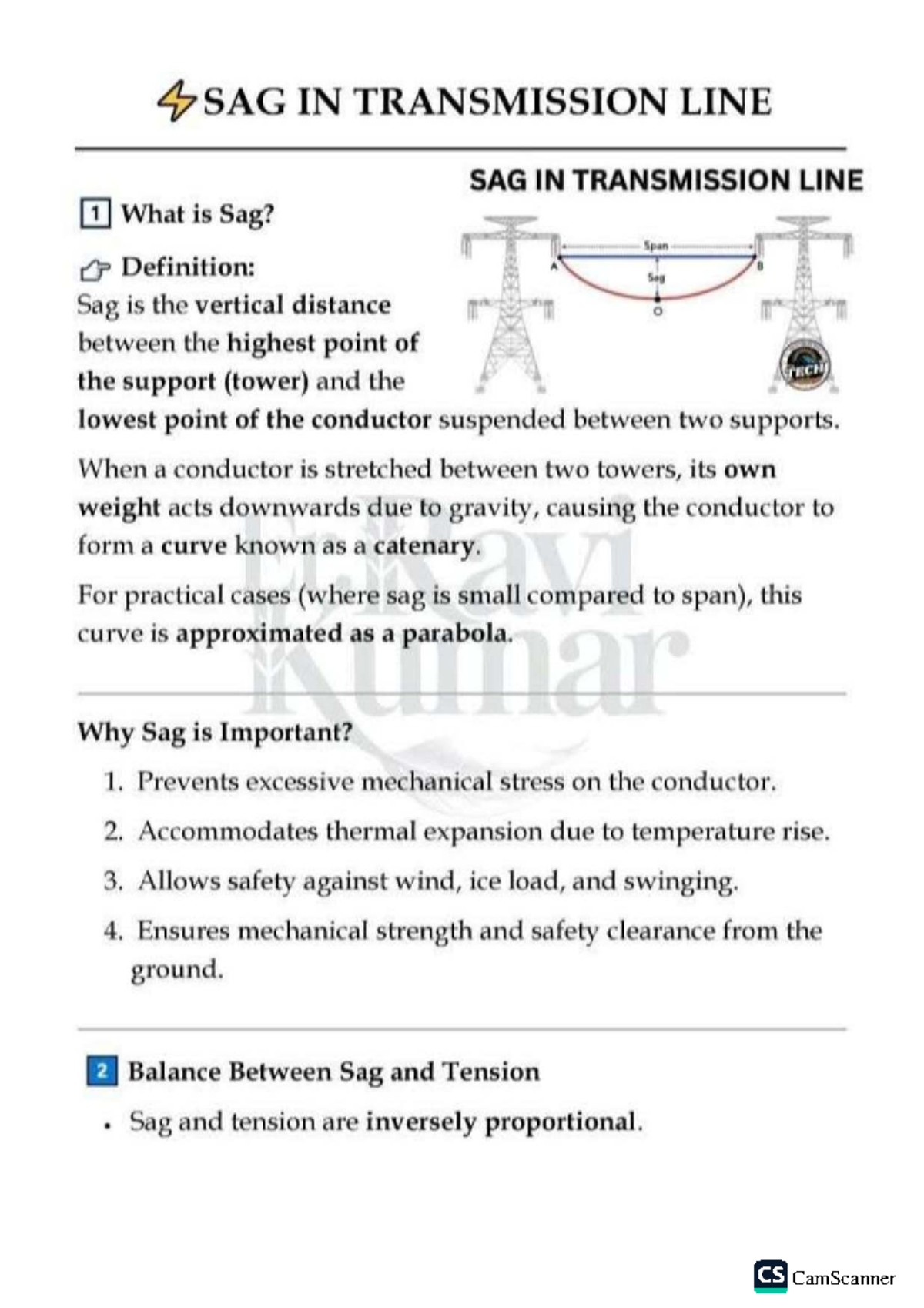 CS - Sag in Transmission Lines: Importance, Types, and Key Points - Studocu