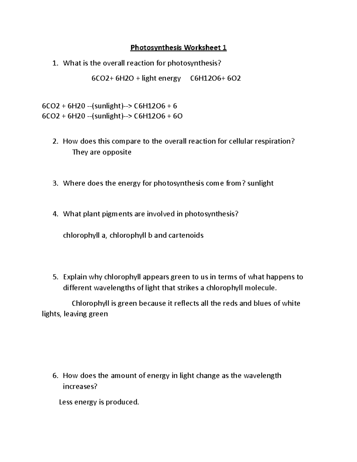 Photosynthesis Worksheet Answer Key BIOL 1020 - Studocu