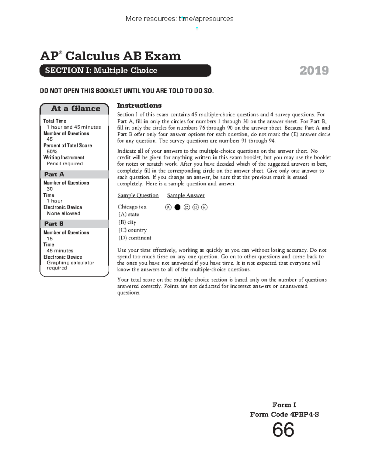 AP Calculus AB 2019 Exam: Section I Multiple Choice Guide - Studocu