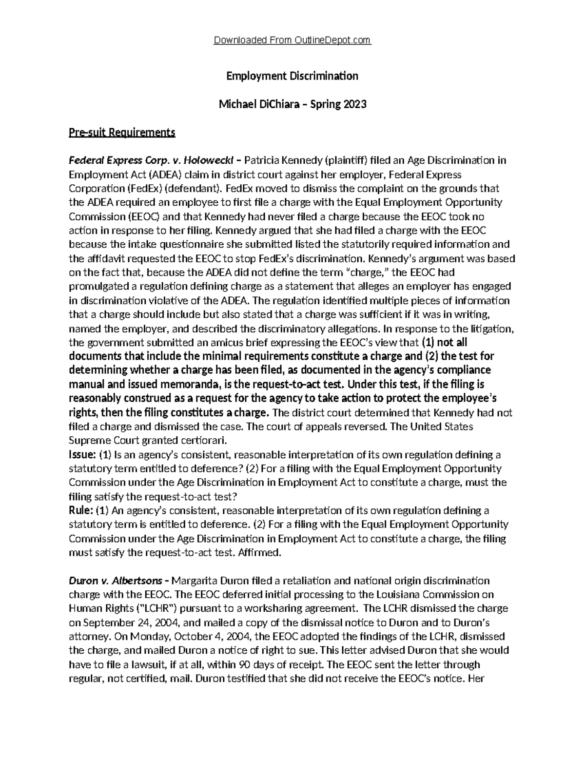 ED Di Chiara Spring 2023: Employment Discrimination Cases Summary - Studocu
