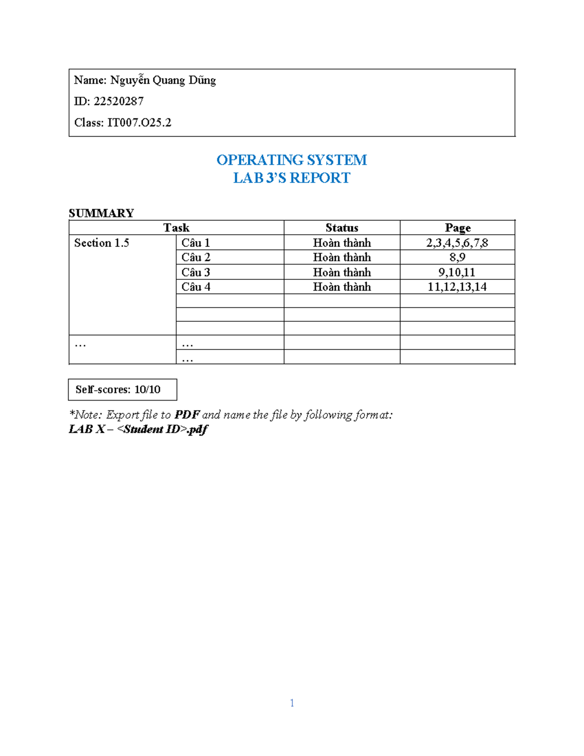 Lab Report for Operating System - IT007 - Student ID: 22520287 - Studocu
