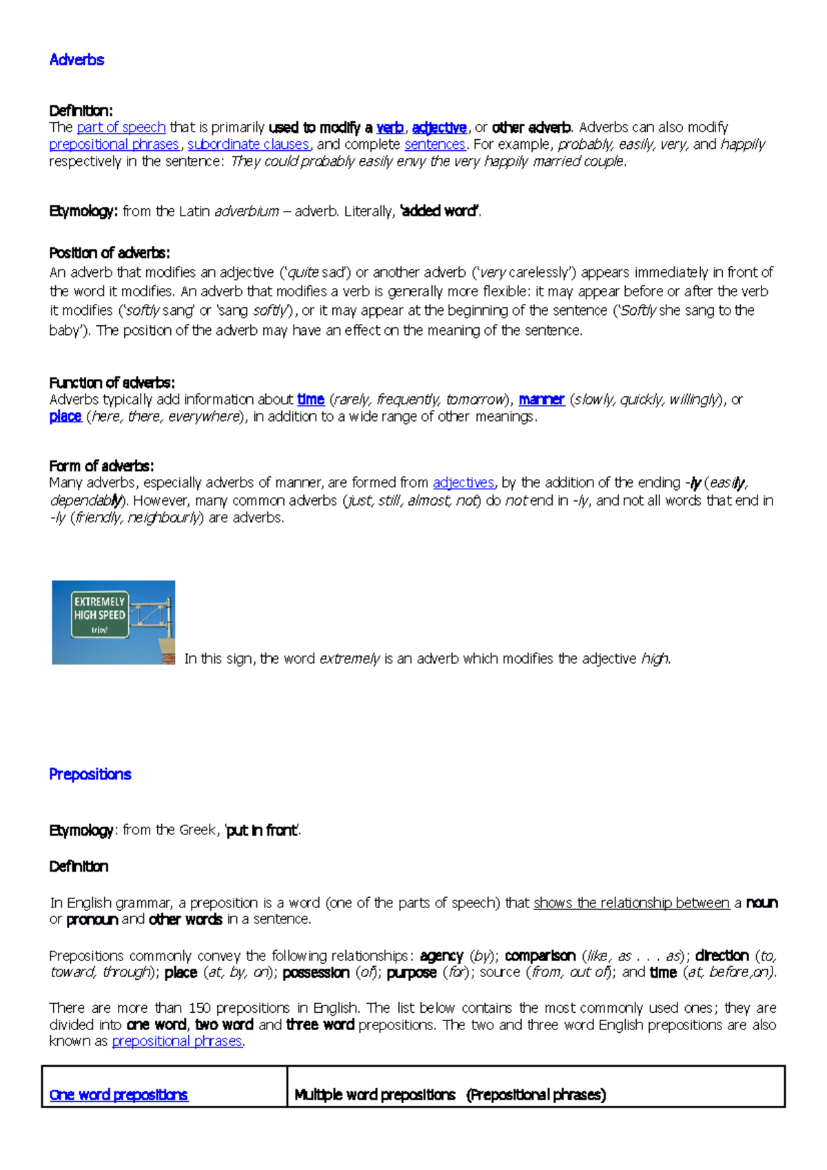 Adverbs and prepositions information sheet 1 1 - Adverbs Definition ...