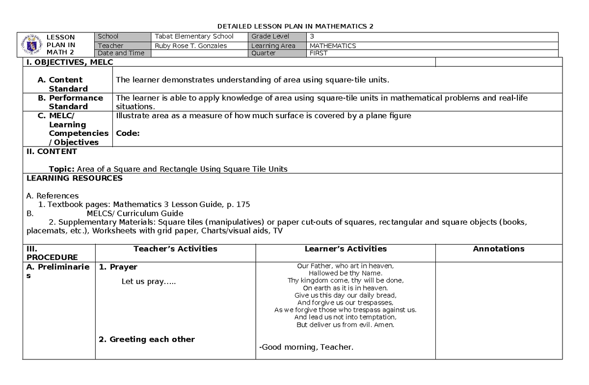 Detailed Lesson Plan in Mathematics 2: Area of Squares & Rectangles ...