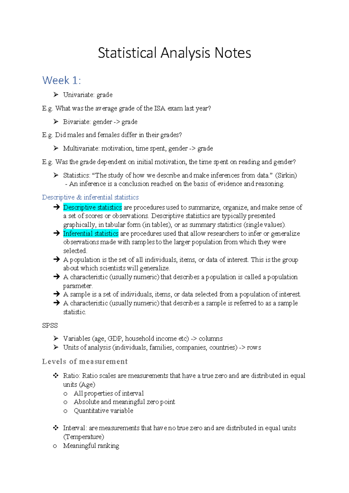 Statistical Analysis Notes: Week 1 & 2 Overview of Key Concepts ...