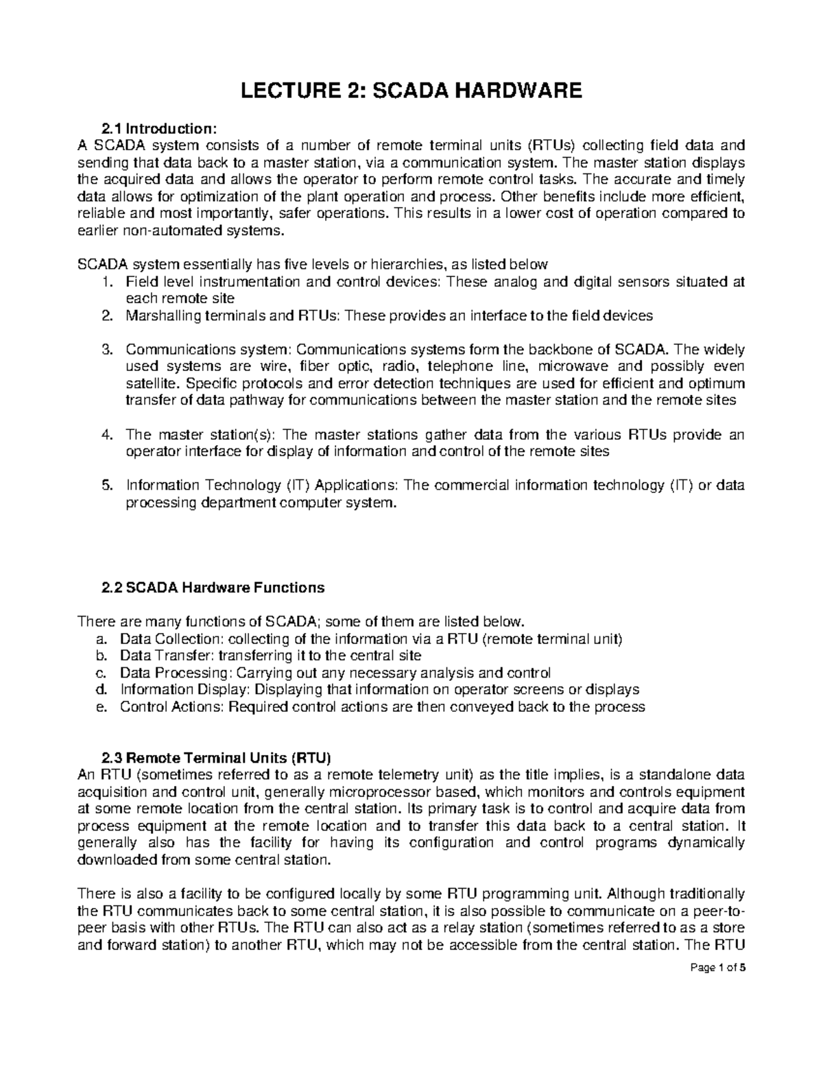 M2L2 - SCADA Hardware Overview and Functions Lecture Notes - Studocu