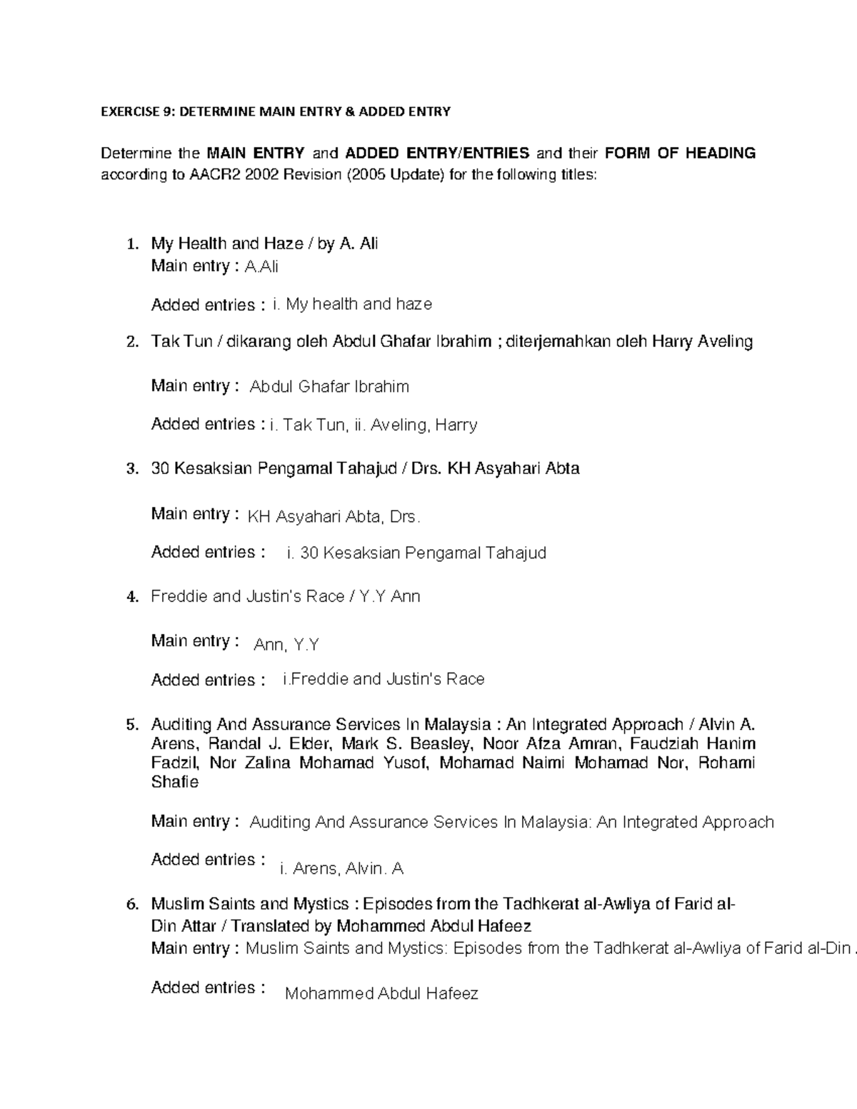 Exercise 9 - Chapter 9: Identifying Main & Added Entries with Answers ...