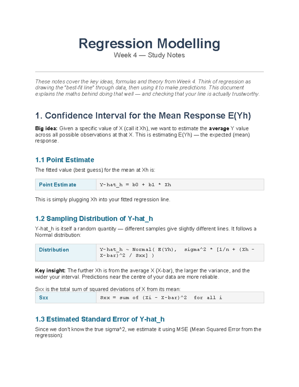 Week 4 Regression Modelling Study Notes: Key Concepts & Formulas - Studocu